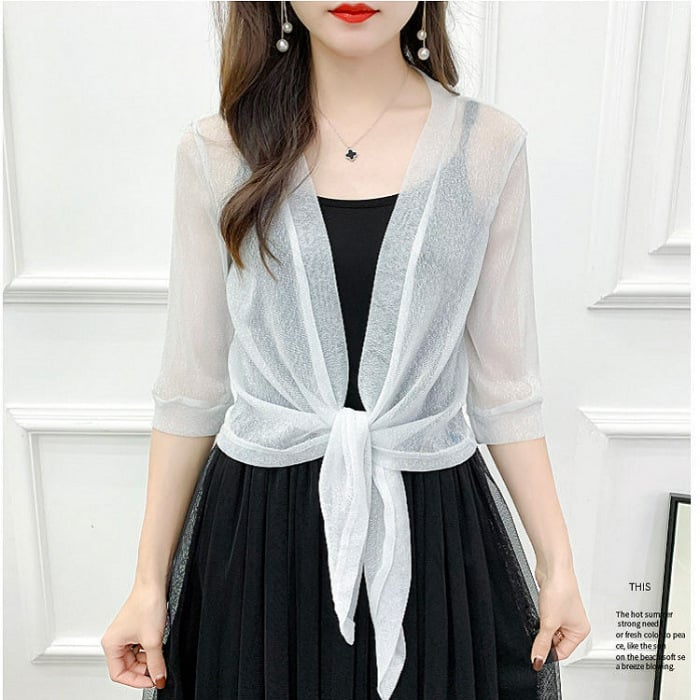 Полиестерен мрежест къс кардиган с дантелена обшивка и закопчаване с връзки, 3/4 ръкав, тънък летен модел, лято 2023