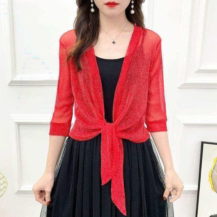 Полиестерен мрежест къс кардиган с дантелена обшивка и закопчаване с връзки, 3/4 ръкав, тънък летен модел, лято 2023