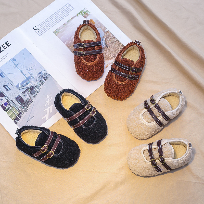 Zimske dječje cipele za djevojčice s krznom, loafers s Velcro kopčanjem, debele i tople, korejskog stila