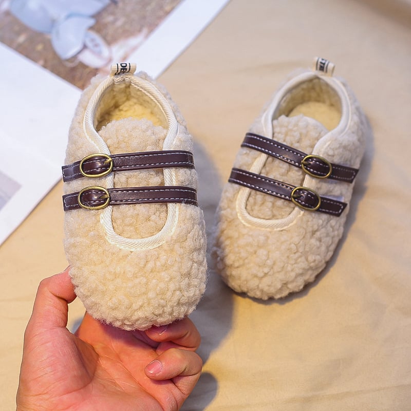 Zimske dječje cipele za djevojčice s krznom, loafers s Velcro kopčanjem, debele i tople, korejskog stila