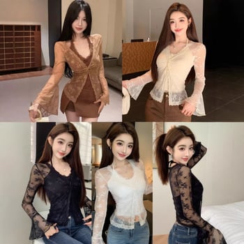 Топ с дантела patchwork и възел на V-образно деколте, Slim Fit, дълги тромпетни ръкави, Rayon-Spandex бленд, UPF30+