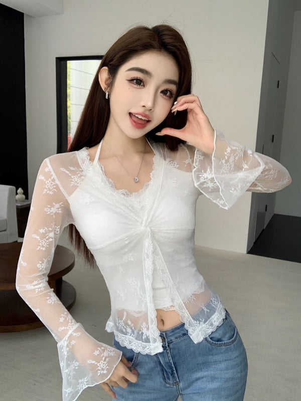 Топ с дантела patchwork и възел на V-образно деколте, Slim Fit, дълги тромпетни ръкави, Rayon-Spandex бленд, UPF30+