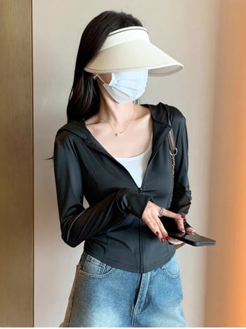 Дамска Slim слънцезащитна яке с цип, Ice Silk полиестер, дълги ръкави, къс модел, лято 2025, UPF30+