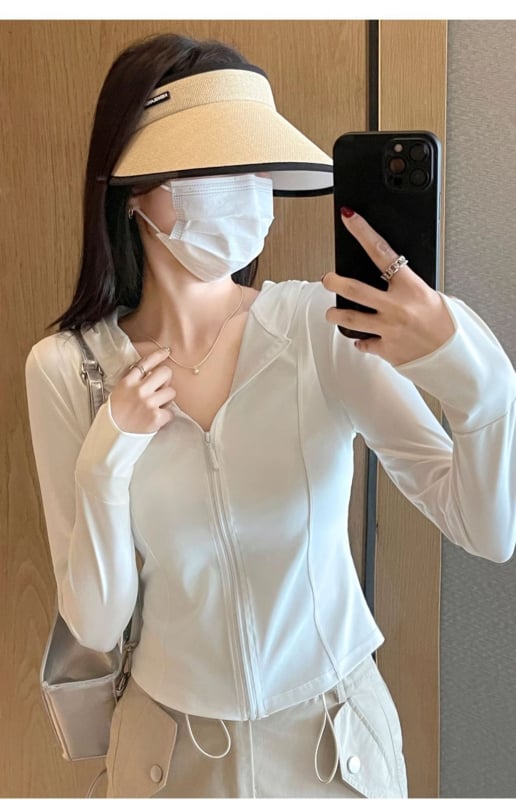 Дамска Slim слънцезащитна яке с цип, Ice Silk полиестер, дълги ръкави, къс модел, лято 2025, UPF30+