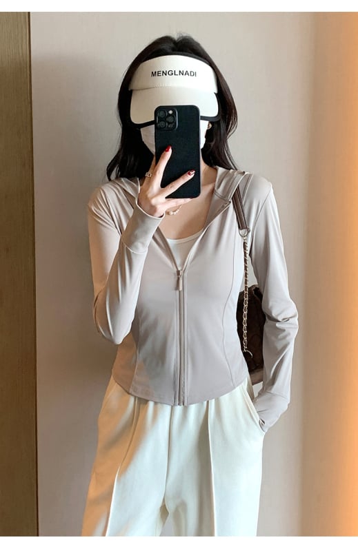 Дамска Slim слънцезащитна яке с цип, Ice Silk полиестер, дълги ръкави, къс модел, лято 2025, UPF30+