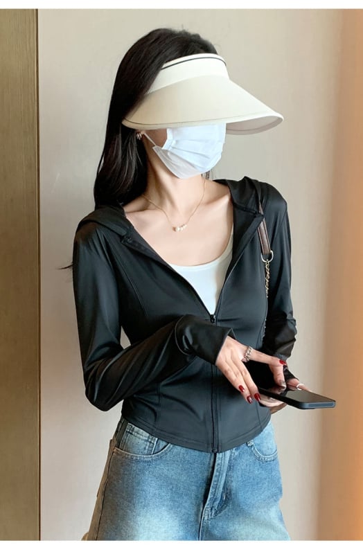 Дамска Slim слънцезащитна яке с цип, Ice Silk полиестер, дълги ръкави, къс модел, лято 2025, UPF30+