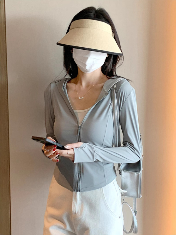 Дамска Slim слънцезащитна яке с цип, Ice Silk полиестер, дълги ръкави, къс модел, лято 2025, UPF30+