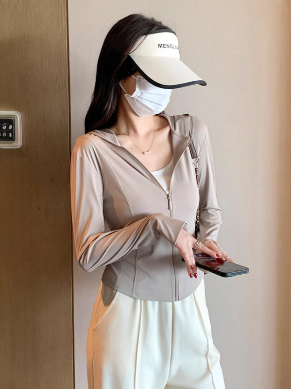 Дамска Slim слънцезащитна яке с цип, Ice Silk полиестер, дълги ръкави, къс модел, лято 2025, UPF30+