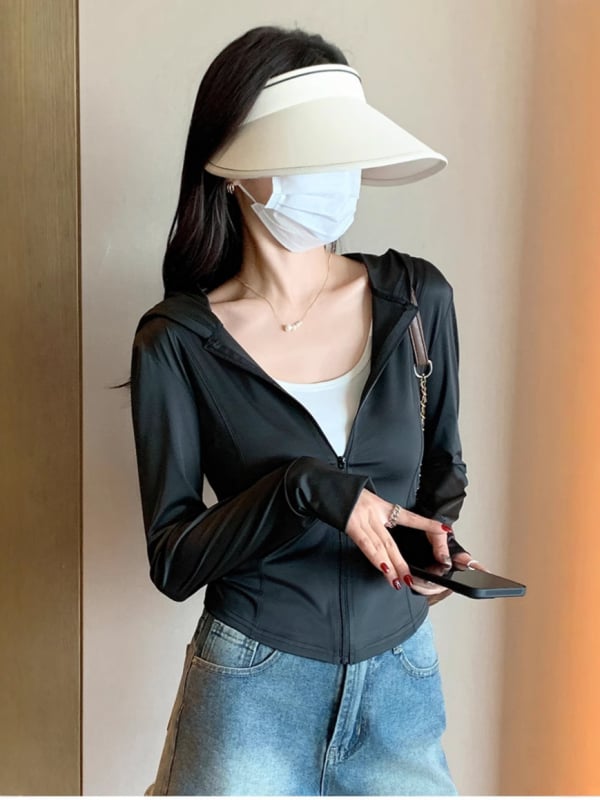 Дамска Slim слънцезащитна яке с цип, Ice Silk полиестер, дълги ръкави, къс модел, лято 2025, UPF30+