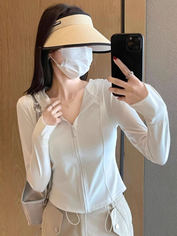 Дамска Slim слънцезащитна яке с цип, Ice Silk полиестер, дълги ръкави, къс модел, лято 2025, UPF30+