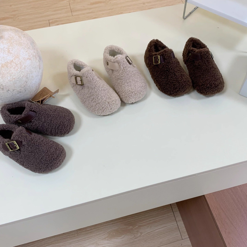 Pantofi pentru copii în stil coreean, cu partea superioară pufoasă, închidere Velcro, talpă din cauciuc, construcție groasă, pentru vârste 1–12 ani