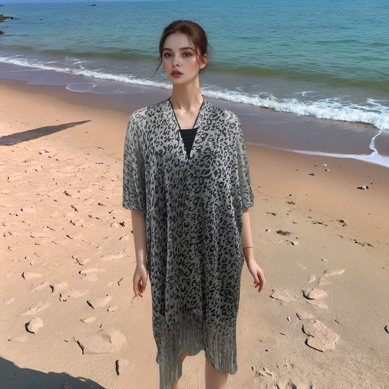 Καρντιγάν μπικίνι με λεοπάρ μοτίβο, προστασία από τον ήλιο, 100% πολυεστέρας, άνοιξη 2025