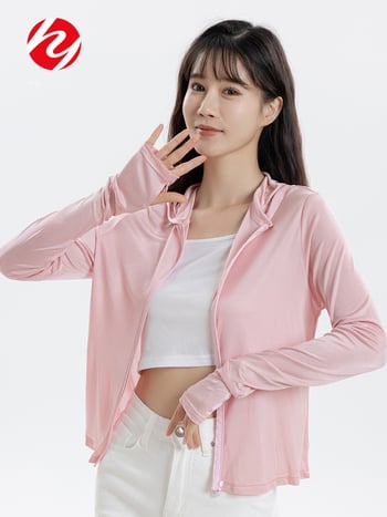 Дамски свободен модел копринено Mulberry слънцезащитно дълъг ръкав кардиган с качулка, цип, дължина 50–65 см, UPF50+