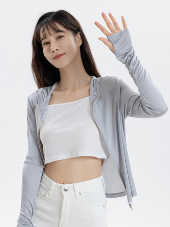 Дамски свободен модел копринено Mulberry слънцезащитно дълъг ръкав кардиган с качулка, цип, дължина 50–65 см, UPF50+