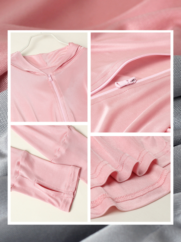 Дамски свободен модел копринено Mulberry слънцезащитно дълъг ръкав кардиган с качулка, цип, дължина 50–65 см, UPF50+