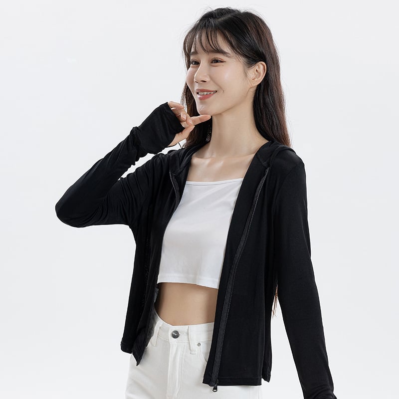 Дамски свободен модел копринено Mulberry слънцезащитно дълъг ръкав кардиган с качулка, цип, дължина 50–65 см, UPF50+