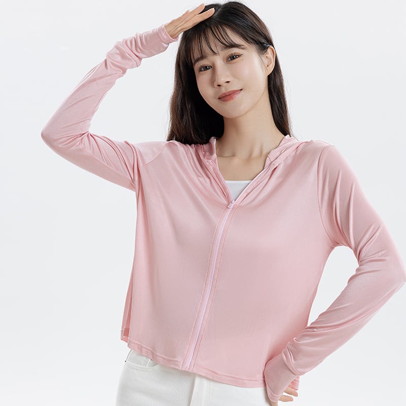 Дамски свободен модел копринено Mulberry слънцезащитно дълъг ръкав кардиган с качулка, цип, дължина 50–65 см, UPF50+