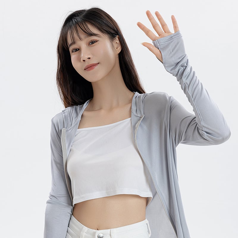 Дамски свободен модел копринено Mulberry слънцезащитно дълъг ръкав кардиган с качулка, цип, дължина 50–65 см, UPF50+