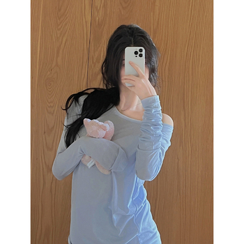 Дамска блуза със слънцезащита, голямо деколте, дълги ръкави, ултра къса дължина, свободна кройка, смес от вискоза и еластан, UPF30+