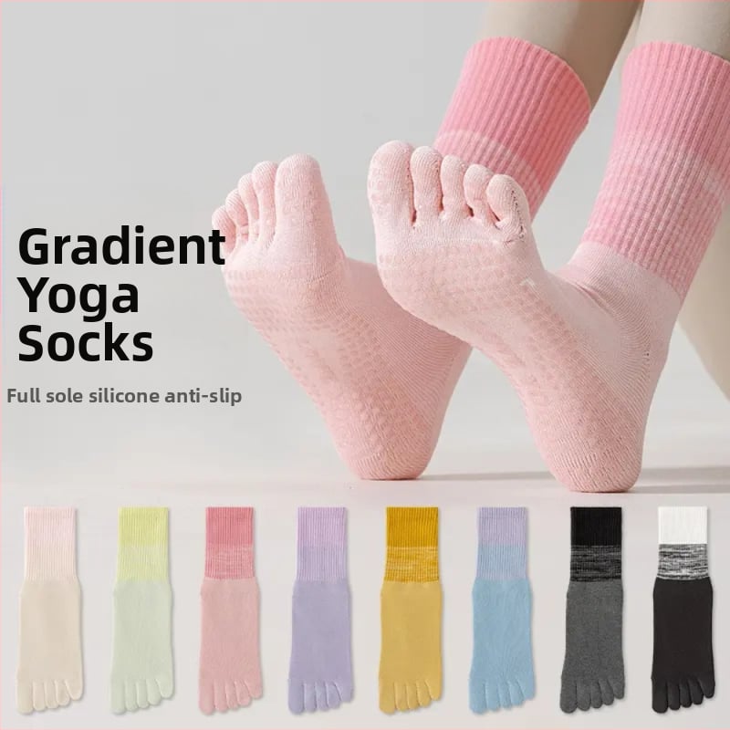 Fengzu Home Женски чорапи за йога с пет пръста, средна дължина до подбедрицата, градиентен модел, памук, силикон противохлъзване