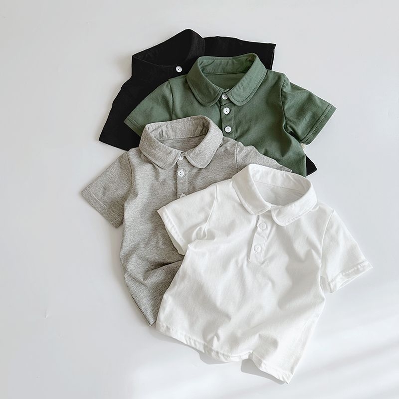 Поло риза за деца, 100% памук, къс ръкав, корейски стил, едноцветна, бродирана