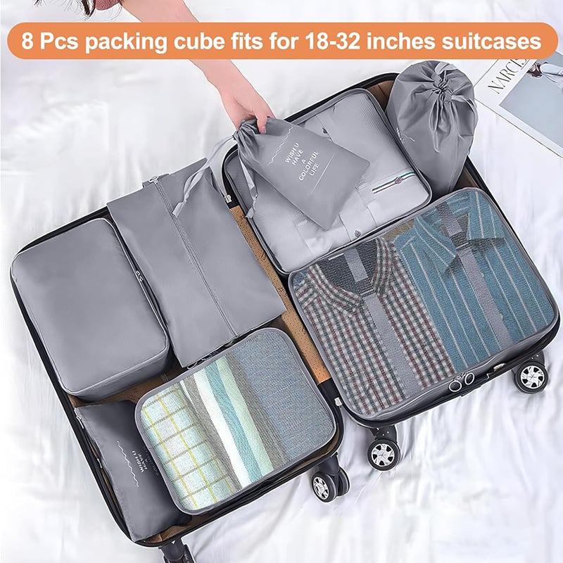 Putne organizacijske torbe – 8-dijelni set, twill tkanina, kubni oblik, sklopive, Nordic stil