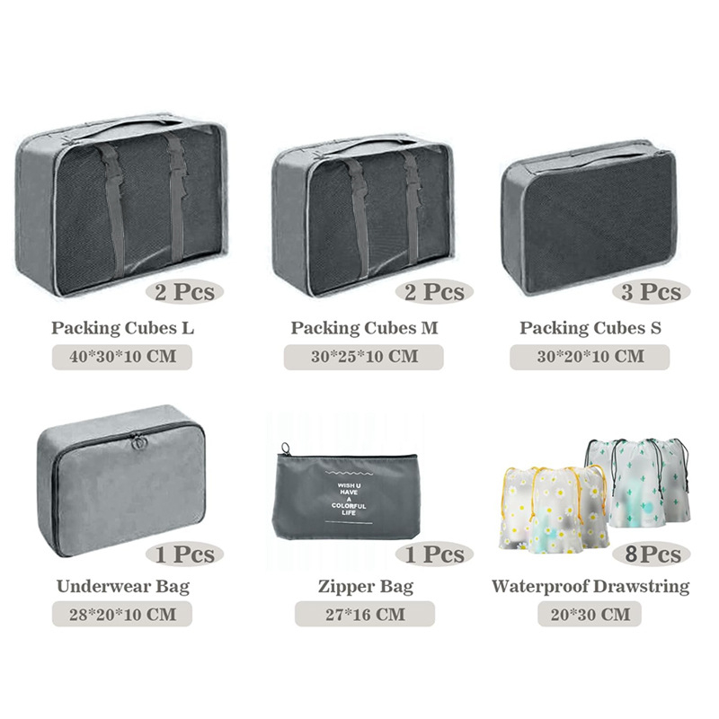 Putne organizacijske torbe – 8-dijelni set, twill tkanina, kubni oblik, sklopive, Nordic stil