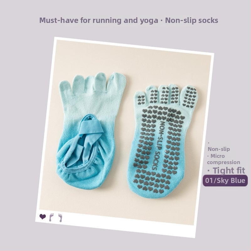 Петопръстни дамски йога чорапи, антихлъзгаща/антифрикционна функция, градиентен модел, памук 70-80%, за летния сезон.