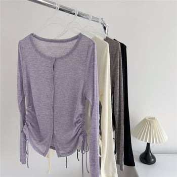 Дамски свободен трикотажен слънцезащитен кардиган, дълги ръкави, едноредово закопчаване, тънък материал, дължина 50–65 см