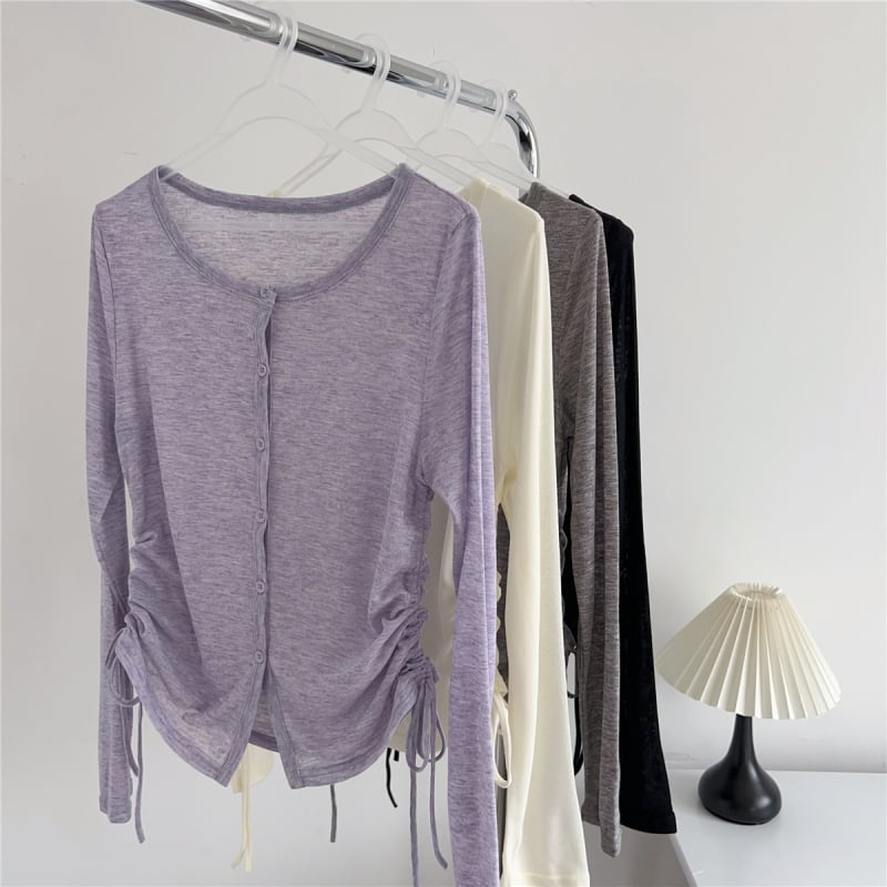 Дамски свободен трикотажен слънцезащитен кардиган, дълги ръкави, едноредово закопчаване, тънък материал, дължина 50–65 см