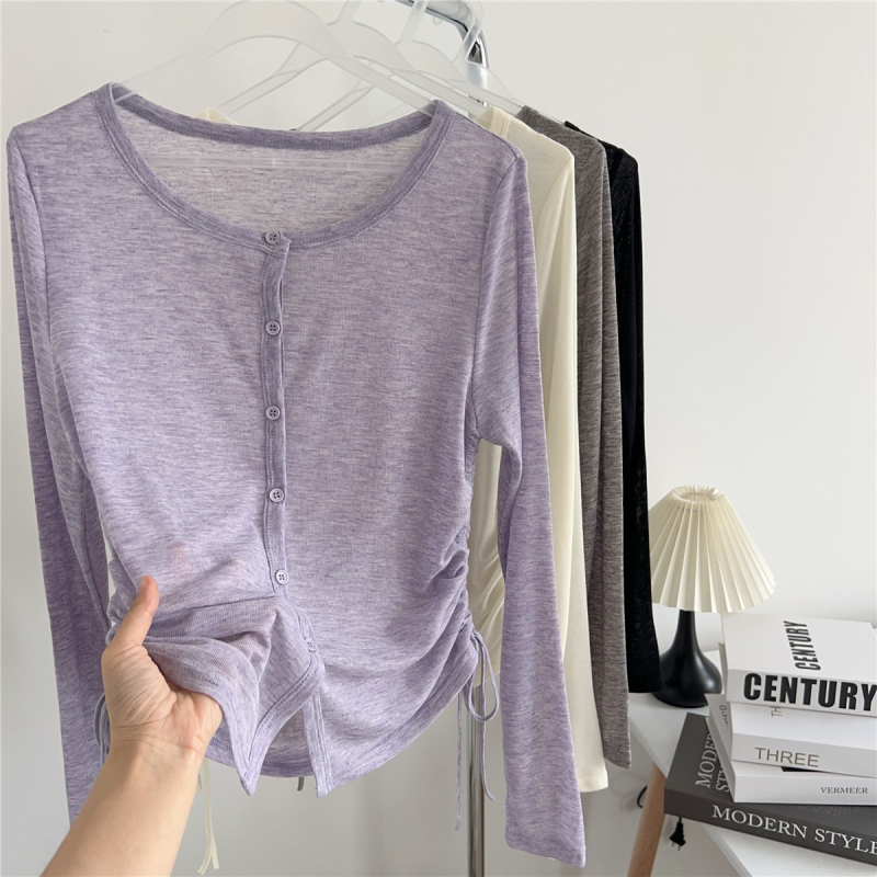 Дамски свободен трикотажен слънцезащитен кардиган, дълги ръкави, едноредово закопчаване, тънък материал, дължина 50–65 см