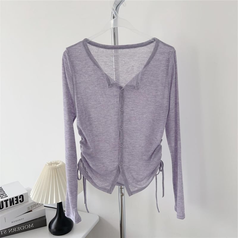 Дамски свободен трикотажен слънцезащитен кардиган, дълги ръкави, едноредово закопчаване, тънък материал, дължина 50–65 см