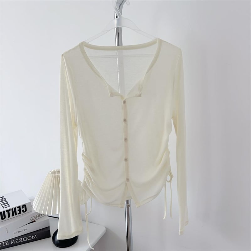 Дамски свободен трикотажен слънцезащитен кардиган, дълги ръкави, едноредово закопчаване, тънък материал, дължина 50–65 см