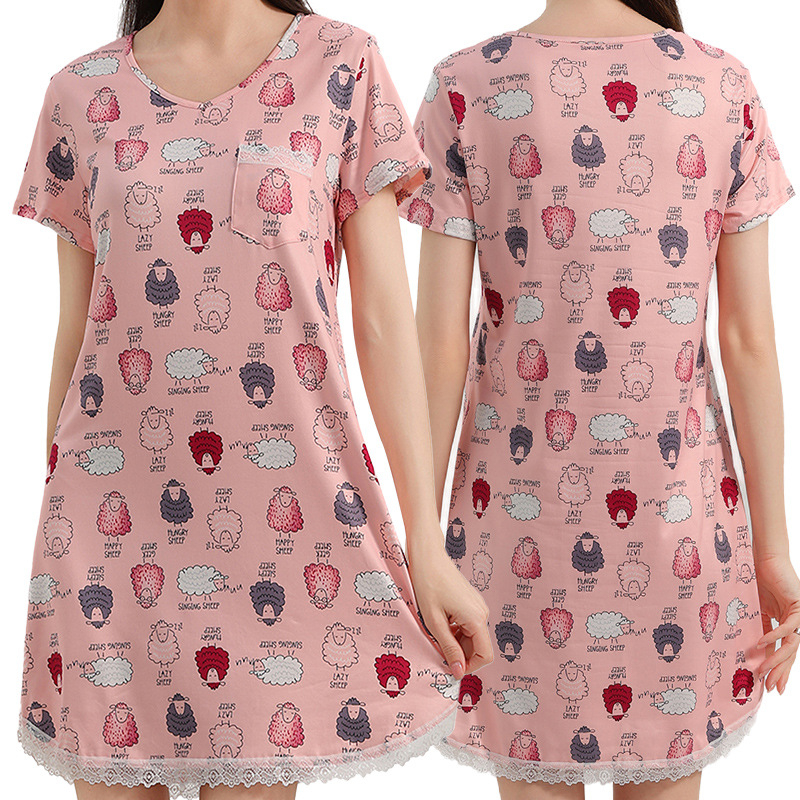 Milk Silk νυχτικό με V-λαιμό, 3/4 μανίκια, μακριά φορεσιά με δαντελένια άκρη και εκτύπωση