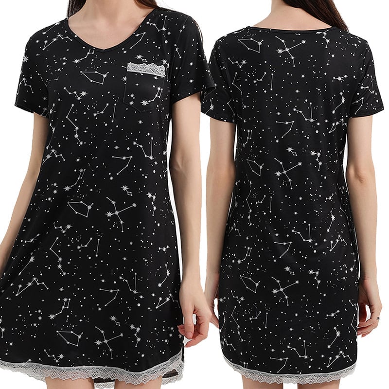 Milk Silk νυχτικό με V-λαιμό, 3/4 μανίκια, μακριά φορεσιά με δαντελένια άκρη και εκτύπωση