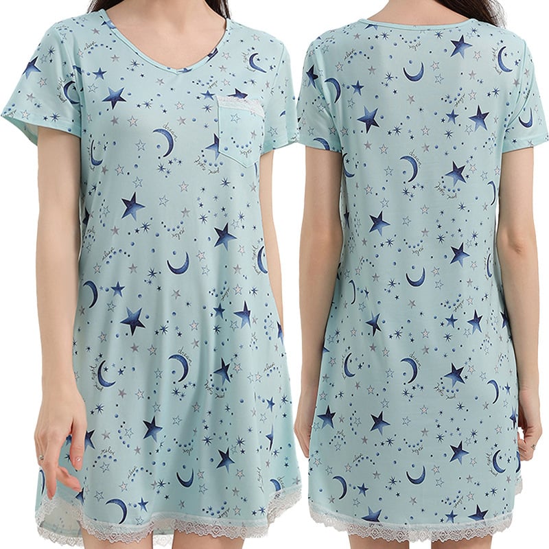 Milk Silk νυχτικό με V-λαιμό, 3/4 μανίκια, μακριά φορεσιά με δαντελένια άκρη και εκτύπωση