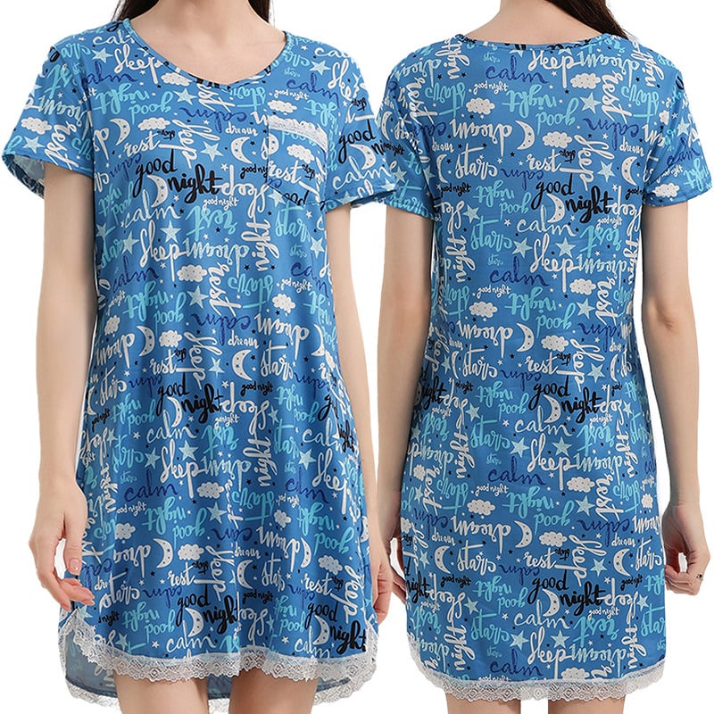 Milk Silk νυχτικό με V-λαιμό, 3/4 μανίκια, μακριά φορεσιά με δαντελένια άκρη και εκτύπωση