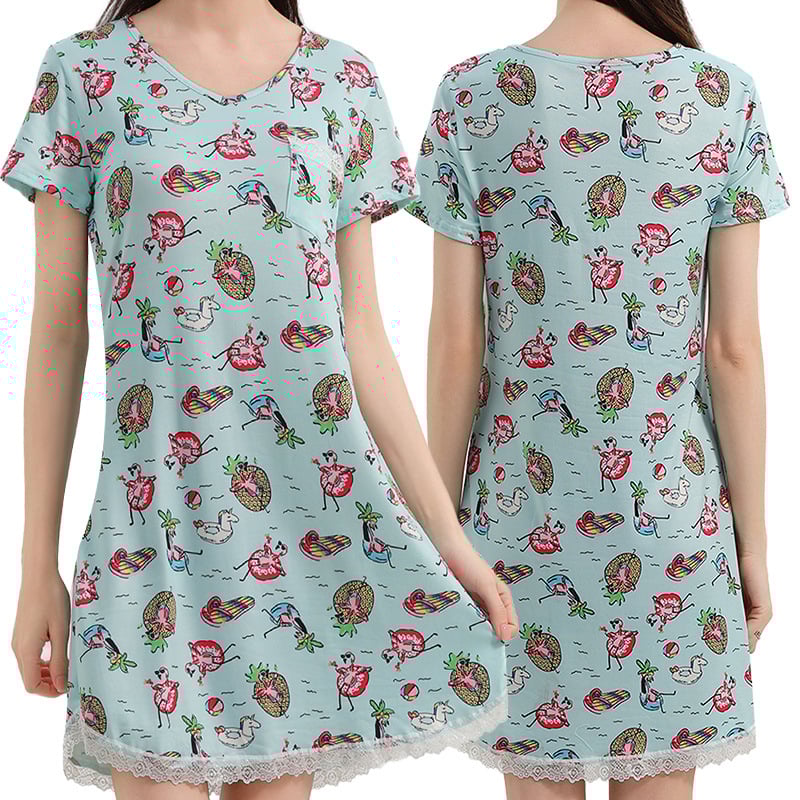 Milk Silk νυχτικό με V-λαιμό, 3/4 μανίκια, μακριά φορεσιά με δαντελένια άκρη και εκτύπωση