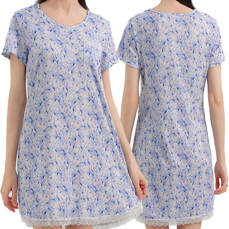 Milk Silk νυχτικό με V-λαιμό, 3/4 μανίκια, μακριά φορεσιά με δαντελένια άκρη και εκτύπωση