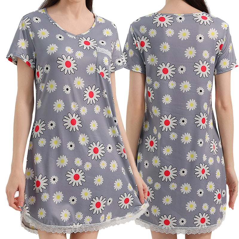 Milk Silk νυχτικό με V-λαιμό, 3/4 μανίκια, μακριά φορεσιά με δαντελένια άκρη και εκτύπωση