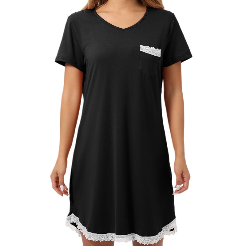 Milk Silk νυχτικό με V-λαιμό, 3/4 μανίκια, μακριά φορεσιά με δαντελένια άκρη και εκτύπωση