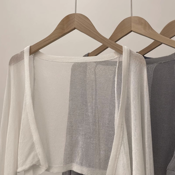 Дамски слънцезащитен кардиган с дълги ръкави, слим модел, къс модел, полиестер 70–80%, едноцветен, летен модел 2023