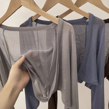 Дамски слънцезащитен кардиган с дълги ръкави, слим модел, къс модел, полиестер 70–80%, едноцветен, летен модел 2023