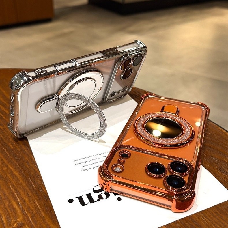 Pouzdro pre iPhone 17 Pro/Pro Max s proti pádu ochranou na štyroch rohoch, priehľadný elektroplatinovaný TPU a magnetická podpora