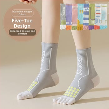 Жени петопръстни памучни чорапи за есенно-зимния сезон, антибактериални, дезодориращи и пот абсорбиращи, средно дълги спортни чорапи.