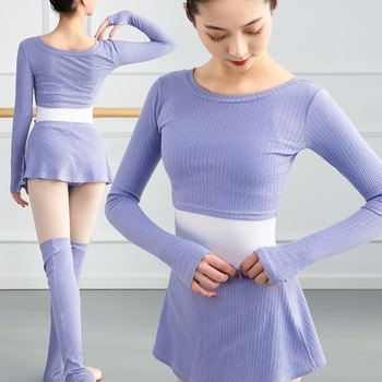 Балетно облекло за възрастни жени — къс трикотажен топ с дълъг ръкав, тричленен комплект за танцово трениране, пролет/есен; стил китайски литературно ретро, PVC ≤ 30%
