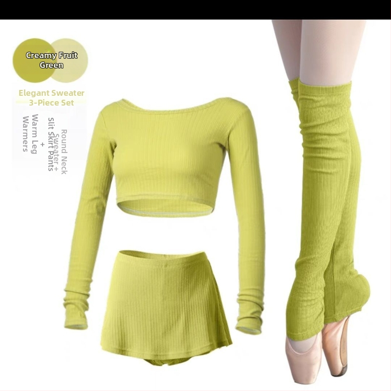 Sada baletu pre dospelé ženy — cropped pletený top s dlhými rukávmi, trojčlenný tréningový set, jar 2025 vydanie; látka TR, hlavný materiál PVC ≤ 30%; čínsky štýl, literárne retro
