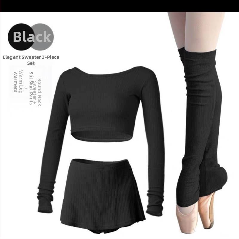 Sada baletu pre dospelé ženy — cropped pletený top s dlhými rukávmi, trojčlenný tréningový set, jar 2025 vydanie; látka TR, hlavný materiál PVC ≤ 30%; čínsky štýl, literárne retro