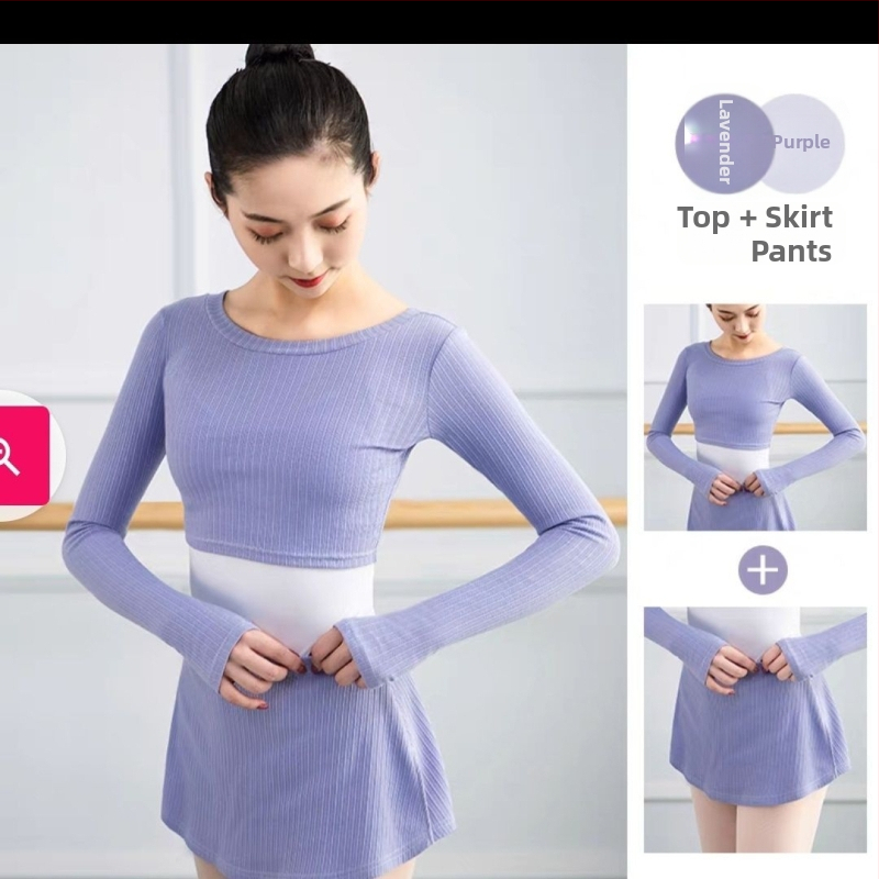 Sada baletu pre dospelé ženy — cropped pletený top s dlhými rukávmi, trojčlenný tréningový set, jar 2025 vydanie; látka TR, hlavný materiál PVC ≤ 30%; čínsky štýl, literárne retro