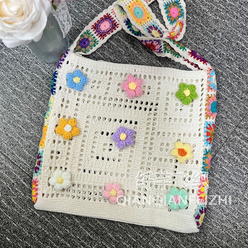 Ženska pletene crossbody torba, poliester, verticalni kvadratni oblik, otvoreni vanjski džep, džep za telefon, jednostruki remen, Xuejie ru ge